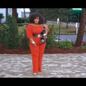 Orange off the shoulder jumpsuit